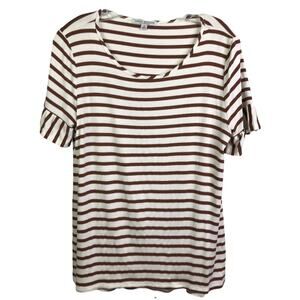 Green Envelope T-Shirt Top Womens Sz M Brown White Stripes Ruffle Sleeve Cotton
